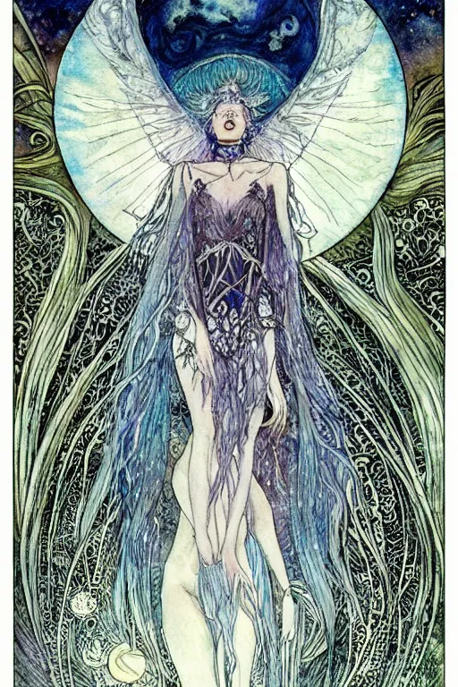 Image similar to moth princess woman howling at the moon with wild hair, art by luis royo and walter crane and kay nielsen, watercolor illustration,