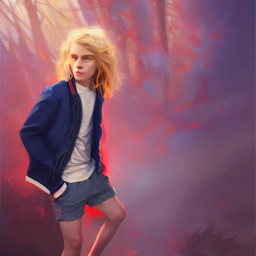 Image similar to colorful and festive captivating young boy with wavy blonde hair, navy blue jacket and blue shorts. rich vivid colors, ambient lighting, dynamic lighting, 4 k, atmospheric lighting, painted, intricate, highly detailed by charlie bowater