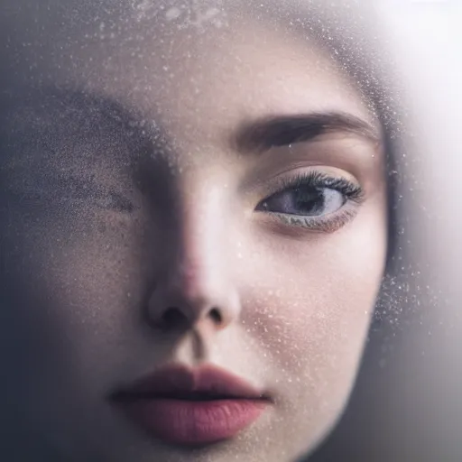 Image similar to photorealistic portrait of a beautiful young woman, very blurry, out of focus, translucent stone white skin, closed eyes, foggy, closeup