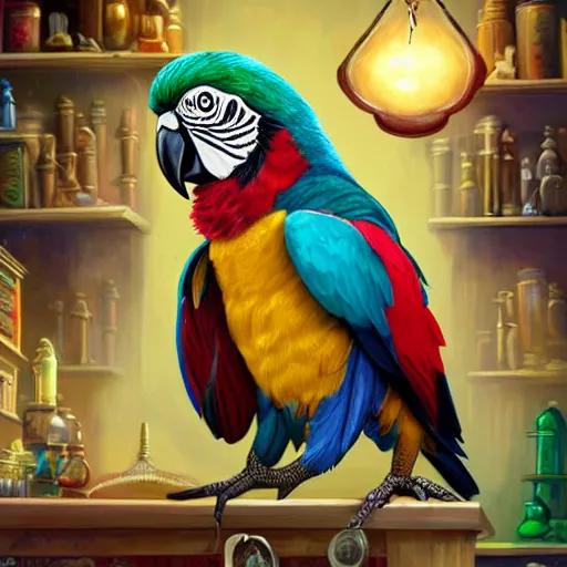 Prompt: Anthropomorphized parrot trader in his shop, shelves full, selling a gem, portrait, items, magic potions, carpet, window, fancy funny hat, sly expression , cunning expression, cute expression, presenting magic gem, D&D, fantasy, cinematic lighting, highly detailed, digital painting, artstation, concept art, smooth, sharp focus, illustration, warm light, cozy warm tint, magic the gathering artwork, volumetric lighting, 8k, no gold, no gold colours, strong lines, art by Akihiko Yoshida, Greg Rutkowski