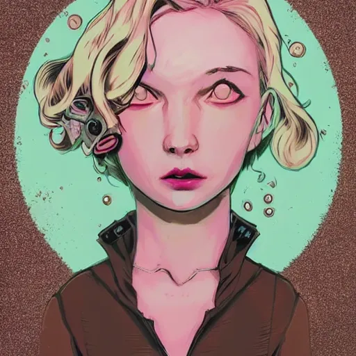 Image similar to Highly detailed portrait of a punk zombie young lady with freckles and blonde wavy hair by Atey Ghailan, by Loish, by Bryan Lee O'Malley, by Cliff Chiang, was inspired by image comics, inspired by scott pilgrim, inspired by graphic novel cover art !!!electric pink, brown, black, yellow and white color scheme ((grafitti tag brick wall background))