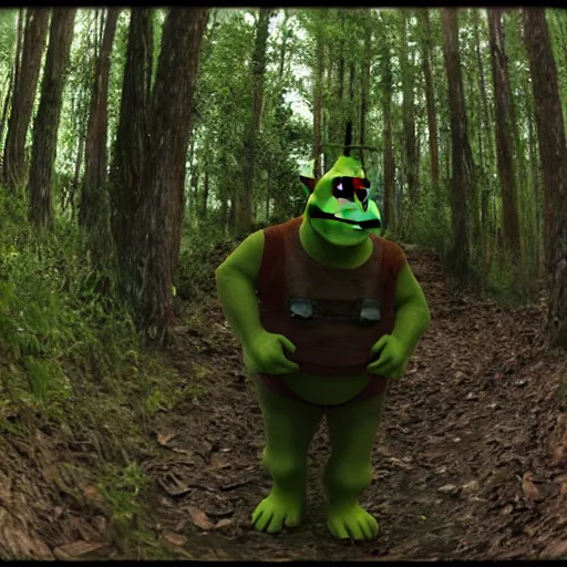 Image similar to Shrek caught on trail cam, night, trail camera footage, wide angle lens, night vision, grainy