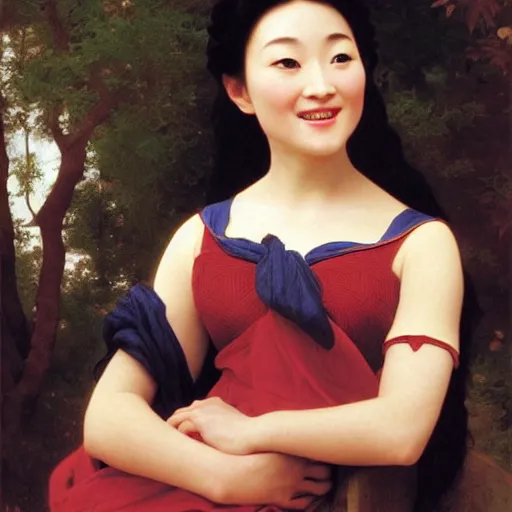 Image similar to Painting of Gong Li as Snow White. Smiling. Happy. Cheerful. Art by william adolphe bouguereau. Extremely detailed. Beautiful. 4K. Award winning.
