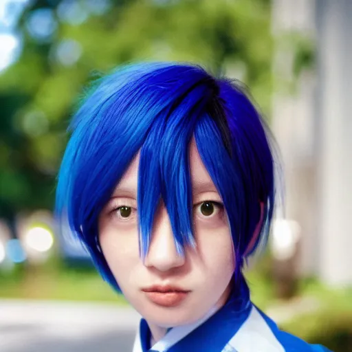 Prompt: a portrait on an anime character with bright blue hair. they have on a school uniform and their expression is softer than usual for this character. the background is blurred to keep the focus on the character. cinestill 8 0 0 t