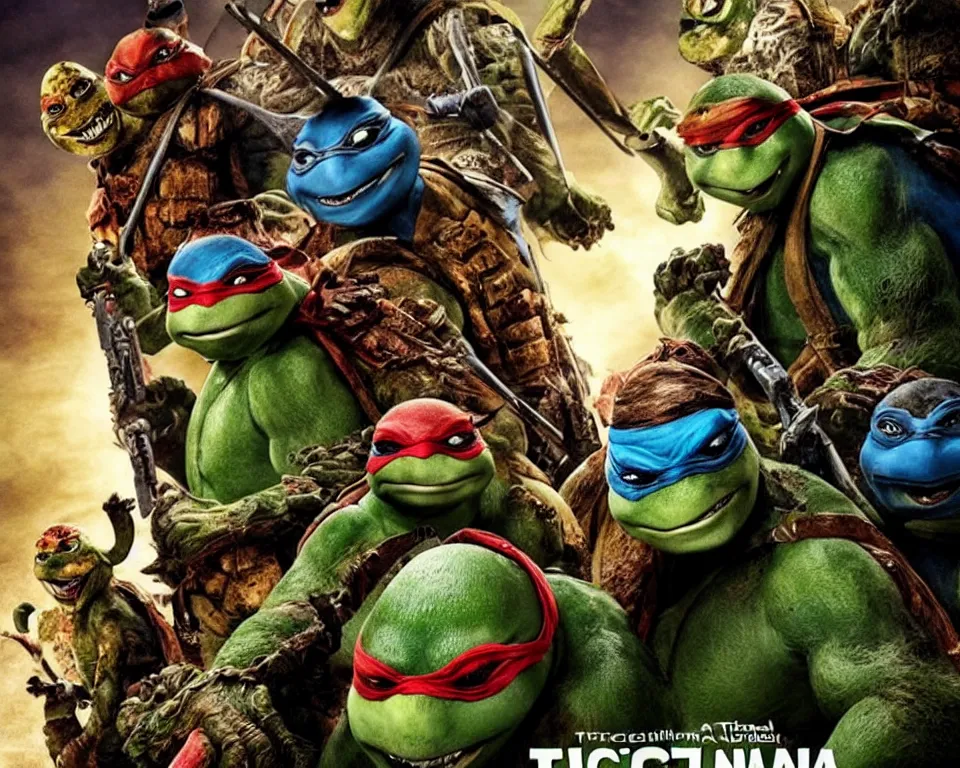 Image similar to a horror movie poster featuring teenage mutant ninja turtles