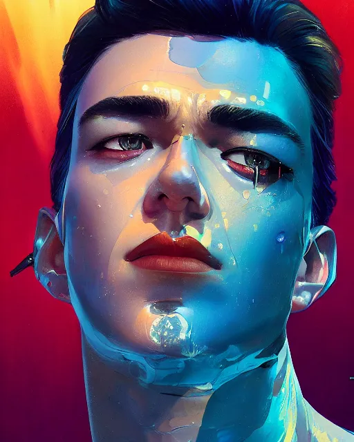 Prompt: man with a cute - fine - face, pretty face, oil slick hair, realistic shaded perfect face, extremely fine details, by realistic shaded lighting, dynamic background, poster by ilya kuvshinov katsuhiro otomo, magali villeneuve, artgerm, jeremy lipkin and michael garmash and rob rey, and silvain sarrailh