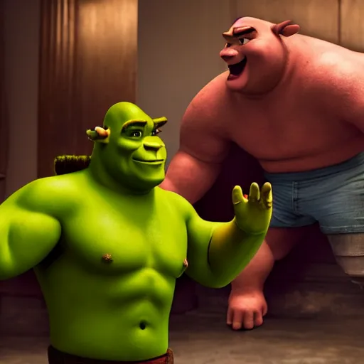 Image similar to muscular keanu reeves fighting muscular shrek, highly detailed, high quality, hd, 4 k, 8 k, canon 3 0 0 mm, professional photographer, 4 0 mp, lifelike, top - rated, award winning, realistic, sharp, no blur, edited, corrected, trending