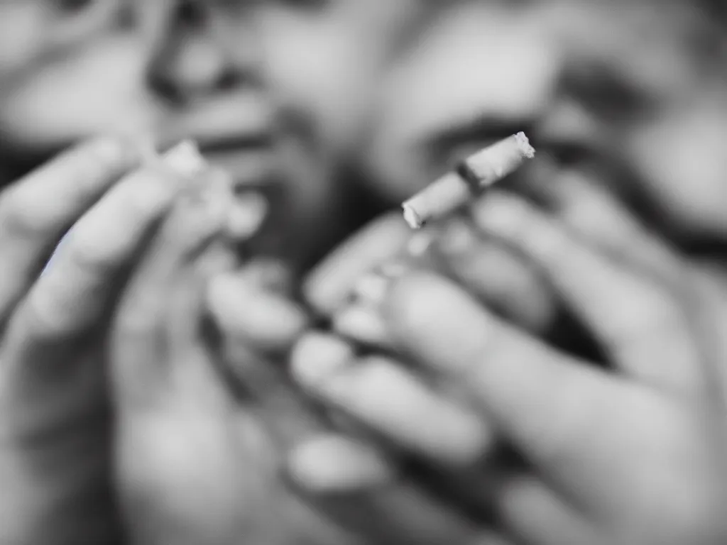 Prompt: Close-up Grayscale Photography of Hand Holding Cigarette, hyper realistic photo, 4K