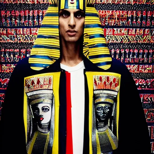 Image similar to A pharaoh wearing a varsity jacket, portrait, by Mario Testino, Stephane Sednaoui, Dario Argento