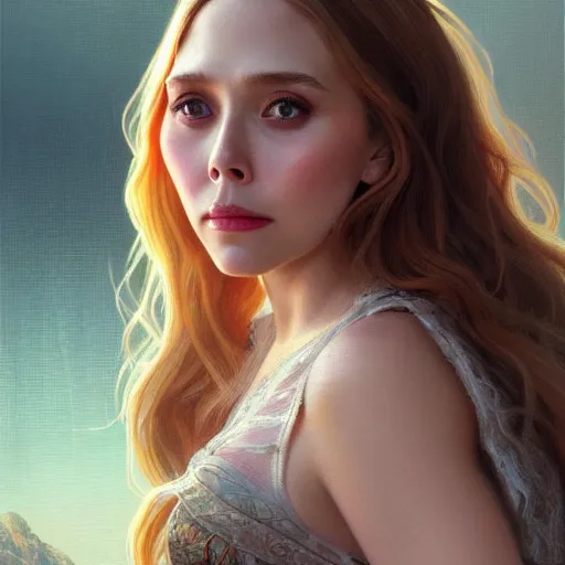 Image similar to ultra realistic illustration, a hot and beautiful painting of a blonde elizabeth olsen, intricate, elegant, highly detailed, digital painting, artstation, concept art, smooth, sharp focus, illustration, art by artgerm and greg rutkowski and alphonse mucha