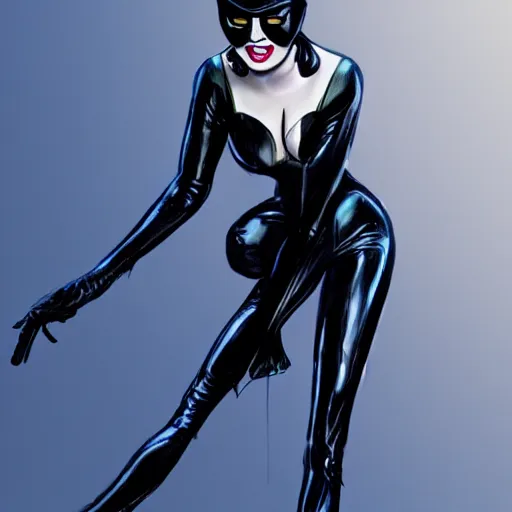 Prompt: Full-body portrait of Emma Stone as catwoman, trending on Artstation, realistic studio lighting, realistic shadows, by Noah Bradley