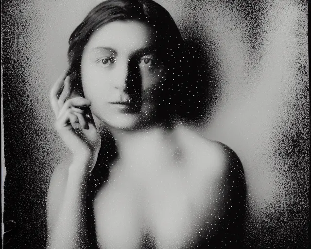 Image similar to a black and white photo of a woman's face surrounded by balls, an ambient occlusion render by Dora Maar, zbrush central, pointillism, ambrotype, marble sculpture, germaine krull,movie still, grotesque