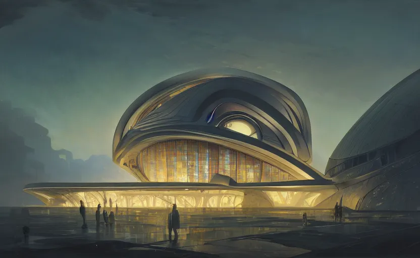 Image similar to exterior shot of utopian architecture building with cinematic lighting by zaha hadid and renzo piano, darek zabrocki and greg ruthkowski, alphonse mucha, simon stalenhag, cinematic, paradise, scifi, futurism, atmospheric, sunset, concept art, artstation, trending on artstation