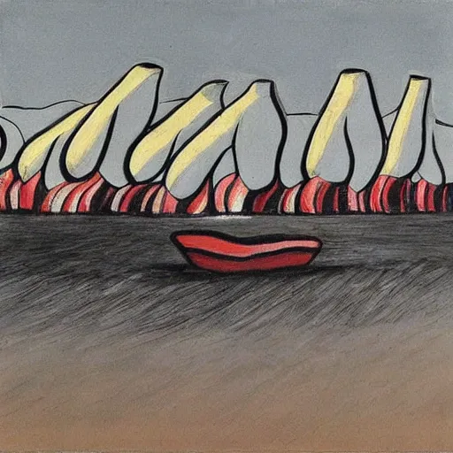 Image similar to the conceptual art depicts a huge wave about to crash down on three small boats. the boats are filled with people, and they all look terrified. craquelure, aaahh!!! real monsters by sean scully, by eleanor vere boyle opulent