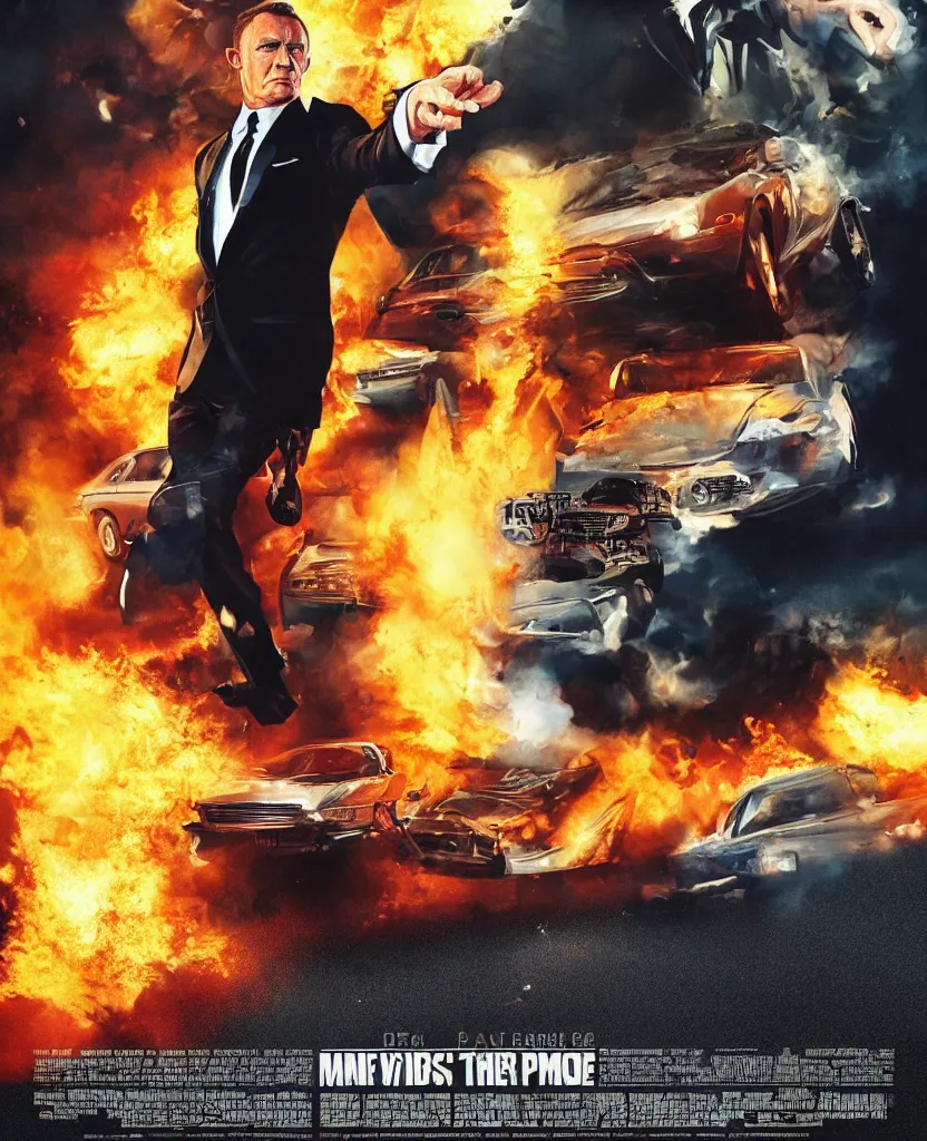 Prompt: James Bond explosions and cars in the background, Movie Poster by Drew Sturzan