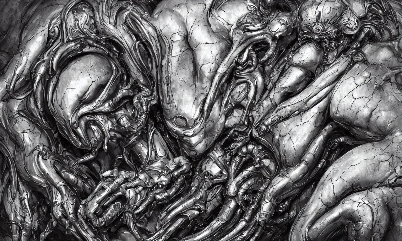 Image similar to engineer prometheus face by Artgerm, xenomorph alien, highly detailed, symmetrical long head, smooth marble surfaces, detailed ink illustration, raiden metal gear, cinematic smooth stone, deep aesthetic, concept art, post process, 4k, carved marble texture and silk cloth, latex skin, highly ornate intricate details, prometheus, evil, moody lighting, hr geiger, hayao miyazaki, indsutrial Steampunk