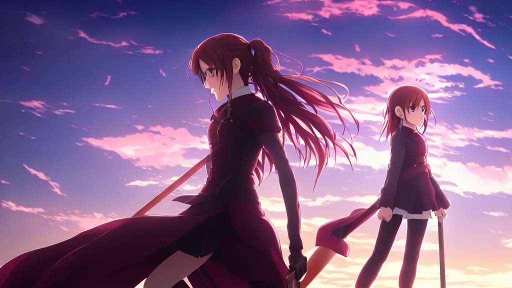 Image similar to emma watson, heavens feel movie, demon slayer, ufotable, kyoani, high quality, artstation, key visual, cinematic, city background, night time, rooftop, fate stay night, unlimited blade works, greg rutkowski, high resolution, dynamic pose, extreme close up, rin outfit, anime, high angle, high budget