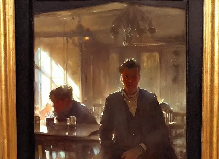 Image similar to oil watercolor painting of young guy in western bar, mysterious light, art by anders zorn, wonderful masterpiece by greg rutkowski, beautiful cinematic light, american romanticism by greg manchess, creation by tyler edlin