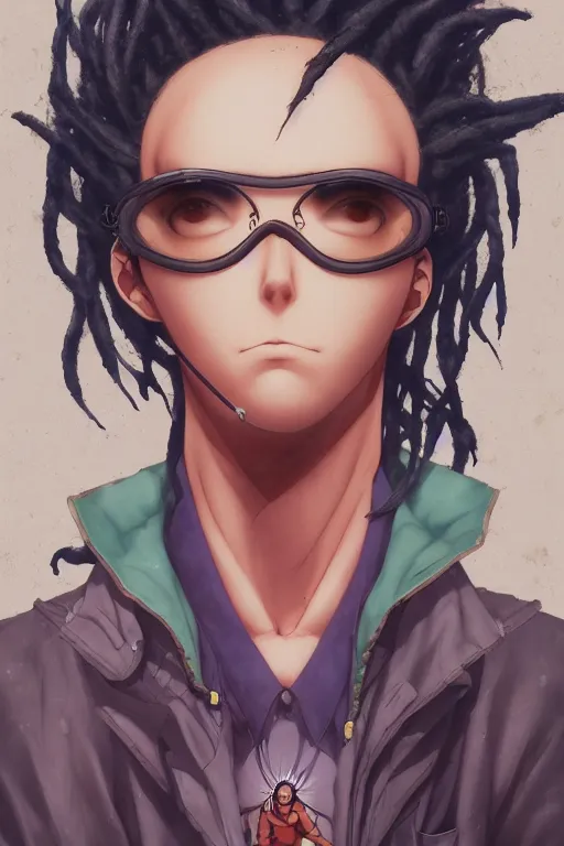 Image similar to portrait of an anime manga guy with dreads and goggles, straight on portrait, by artgerm, james jean, tom bagshaw, gerald brom, vaporwave colors, lofi colors, vaporwave, lofi, goth vibe, 4 k, smooth, hd, substance designer render, full body character concept art, symmetrical,