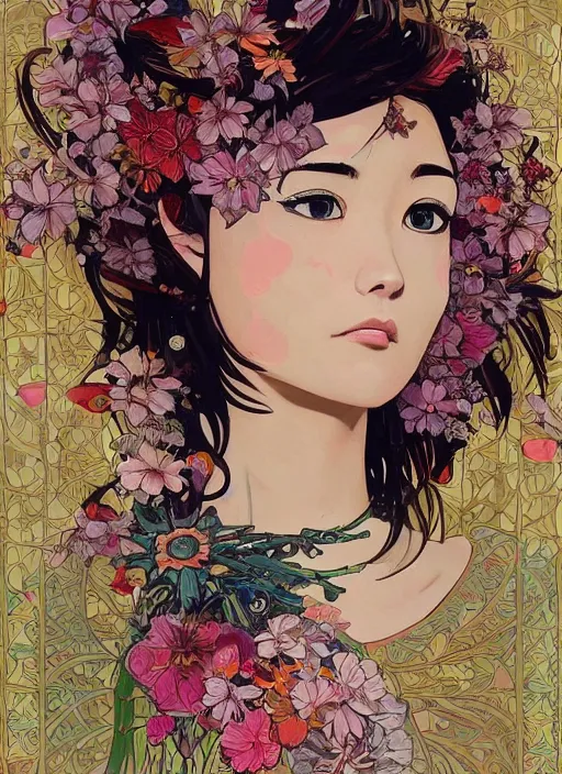 Image similar to !!! very coherent!!! oil painting, beautiful floralpunk iban bio mechanical portrait girl female illustration detailed patterns art of sarawak traditional dress, flower pop art, floral splash painting, art by ashley wood, alphonse mucha, makoto shinkai, geof darrow, dark shadow