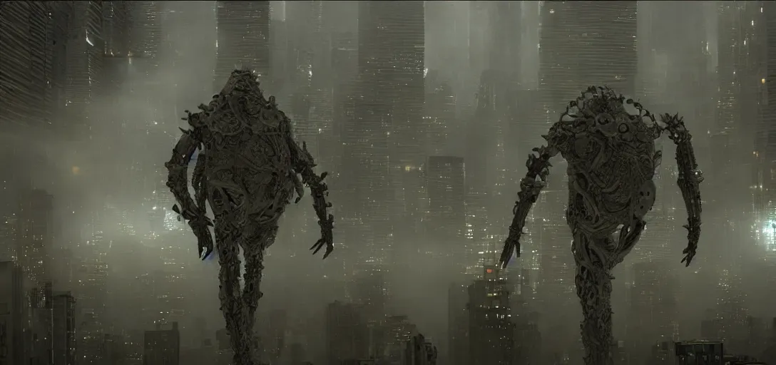 Image similar to a complex organic fractal 3 d metallic symbiotic ceramic humanoid megastructure creature invading a city, foggy, cinematic shot, photo still from movie by denis villeneuve, wayne barlowe