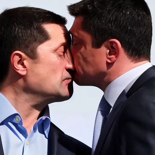 Prompt: Vladimir Putin kissing Zelensky ultra realistic