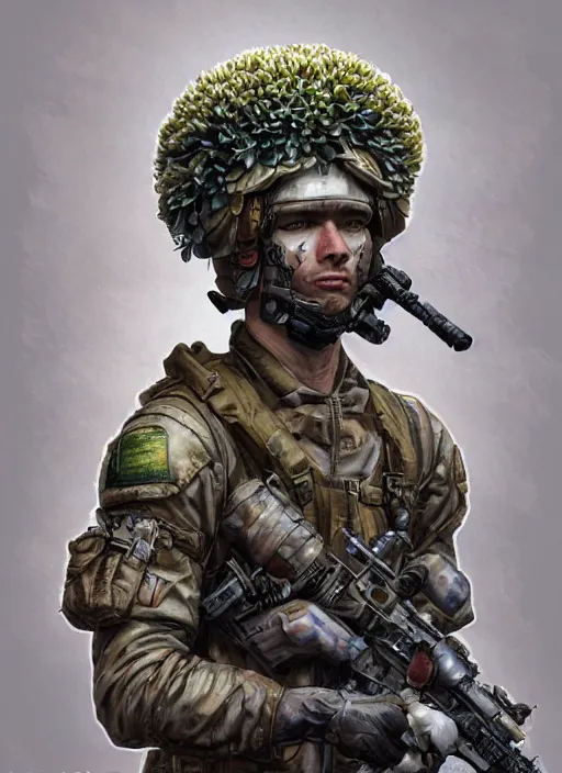 Image similar to handmade character portrait of an american soldier covered in amaratyllis, hydrangea, chrysanthemum and hyacinth, in the style of artgerm and enki bilal and bastien lecouffe - deharme, wlop, line art, watercolor, cinematic lighting, hyperdetailed, hyperrealistic