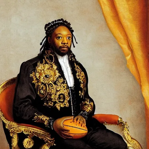 Prompt: Baroque portrait of coach Tomlin sitting on an ornate throne as Emperor of Football