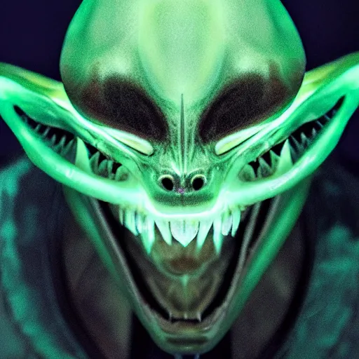 Image similar to an alien. angled jaw, snarling, omniverous layered teeth, smooth bioluminescent skin, hunter gatherer holding a opal tipped spear, mid length portrait photograph, highly detailed, high contrast lighting