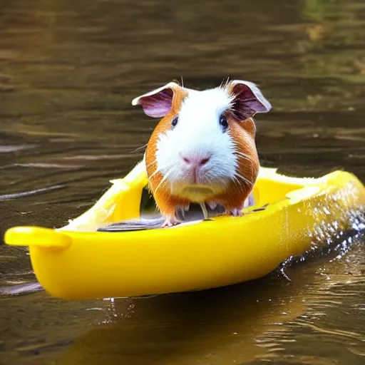 Prompt: a guinea pig paddling a yellow kayak on a small stream