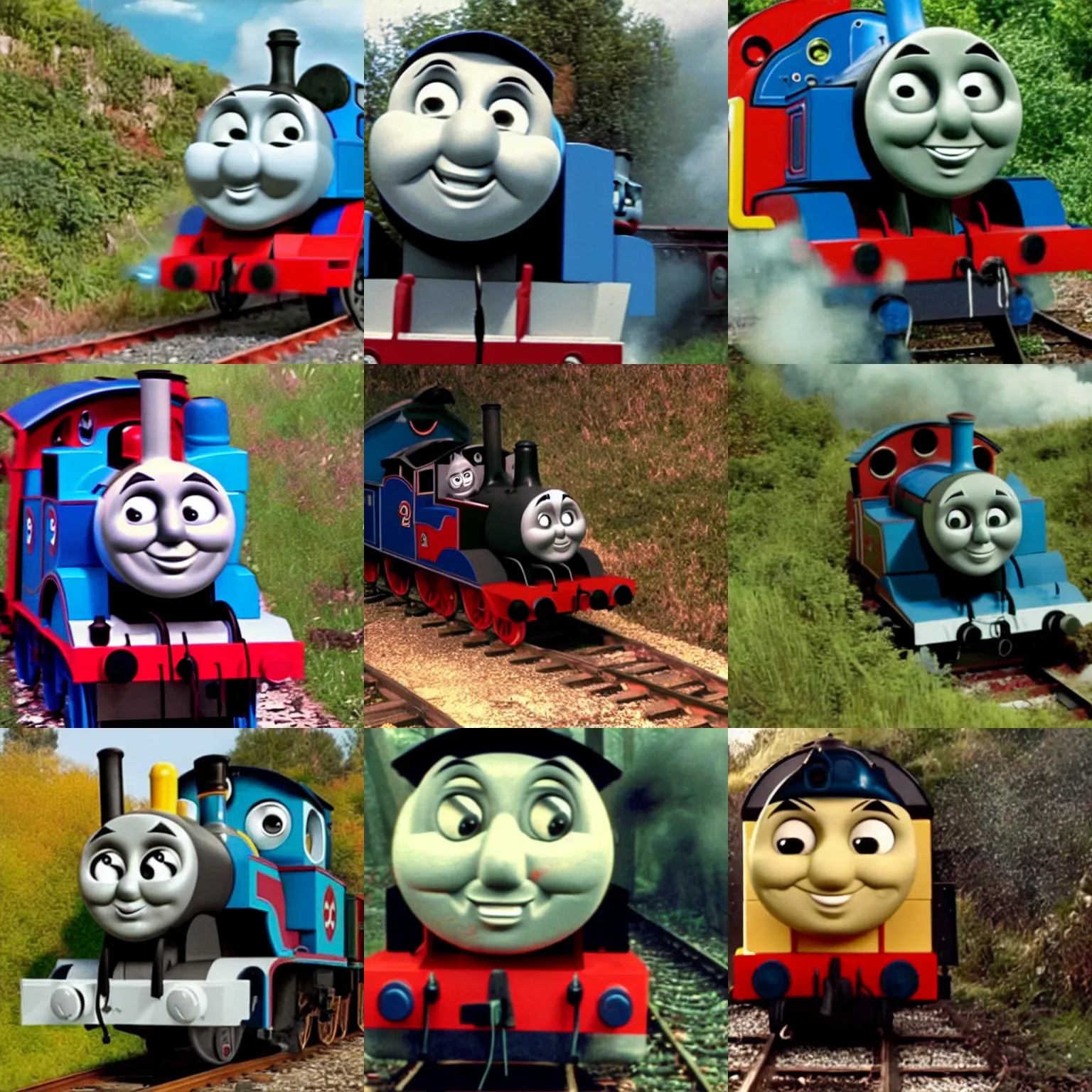 Prompt: cursed thomas the tank engine found footage scary horror