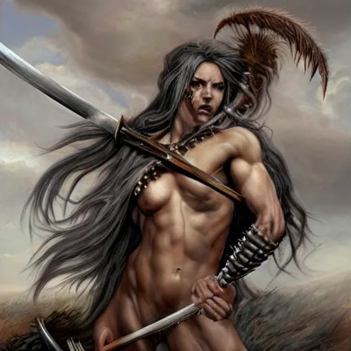 Image similar to realistic art style, warrior girl, muscular girl, wild spiky black hair, long spiky hair, electrified hair, holding scimitar made of bone, scimitar, sword, jagged sword, curved sword, orkish sword, colorized, gray skin, hyper - detailed, primeval fantasy, prehistoric fantasy, art by jacques - louis david