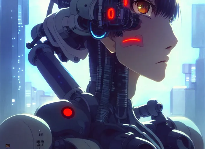 Image similar to a anime portrait of a cyborg woman!! finely detailed features, closeup at the face, sharp focus, perfect art, night - time city background, cinematic lighting, highly detailed, intricate, anime!! artstation, trending on pixiv fanbox, painted by greg rutkowski, studio ghibli, yoji shinkawa, hayao miyazaki,