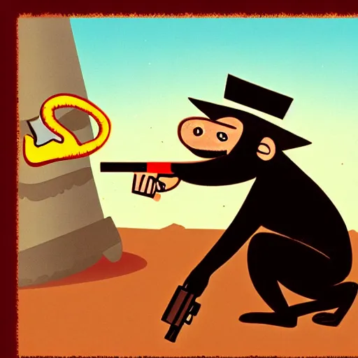 Prompt: Abu the monkey wearing a fez shooting a gun