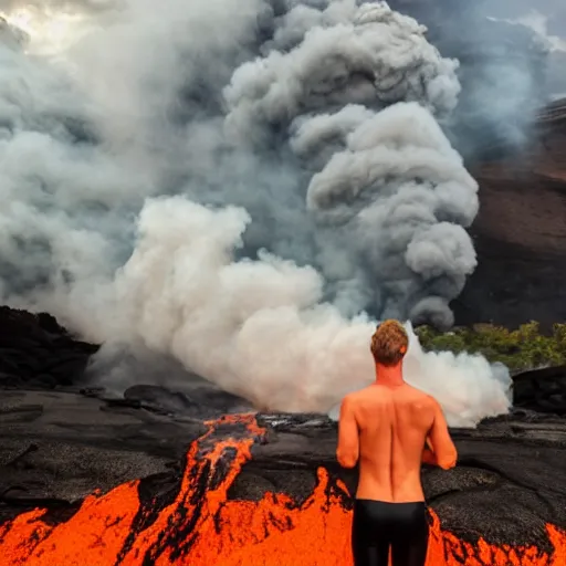 Prompt: man in a swimsuit surfing on flowing lava in a volcano with magma eruptions, steam and smoke from smoldering rocks