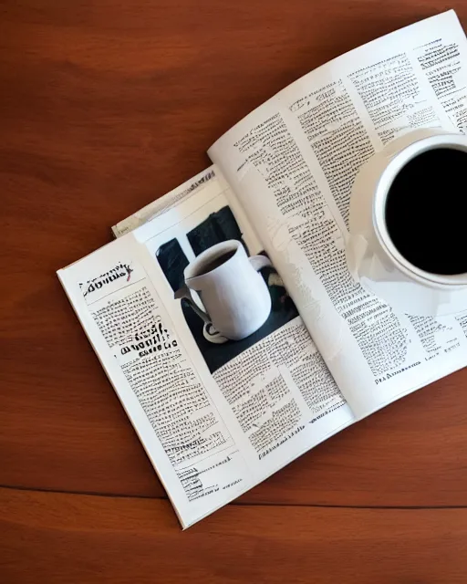 Image similar to a full view of a table with a magazine with a picture of a coffee cup clay sculpture, magazine, zoomed out, zoomed out, zoomed out