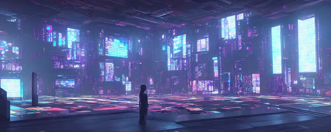 Image similar to an cyberpunk temple made of tv screens, glowing displays, octane render, unreal engine, 8 k, cinematic, artwork by ilya kuvshinov