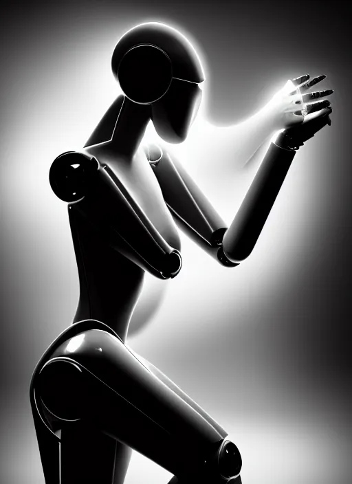 Prompt: surreal mythical dreamy dark artistic black and white fine art fashion portrait photo of a young beautiful delicate female metropolis robot giving birth, spiritual, halo, glory, rim light, cinematic, studio dramatic light, poetic, masterpiece, octane render, 8 k, photo - realistic by dora maar man ray