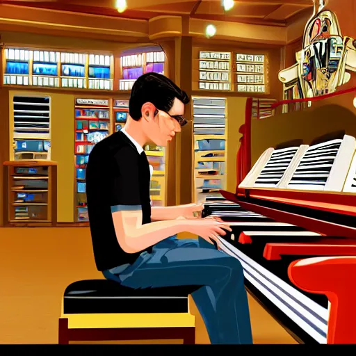 Image similar to GTA V illustration of white teenager with black hair playing an organ in a 1990s instrument shop, cover of GTA V