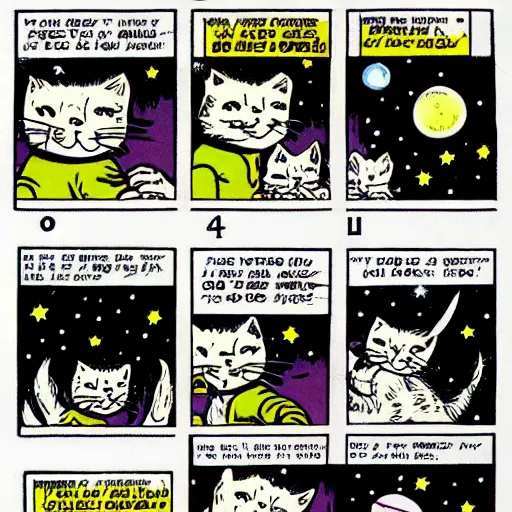 Prompt: a retro comic strip of cats in space