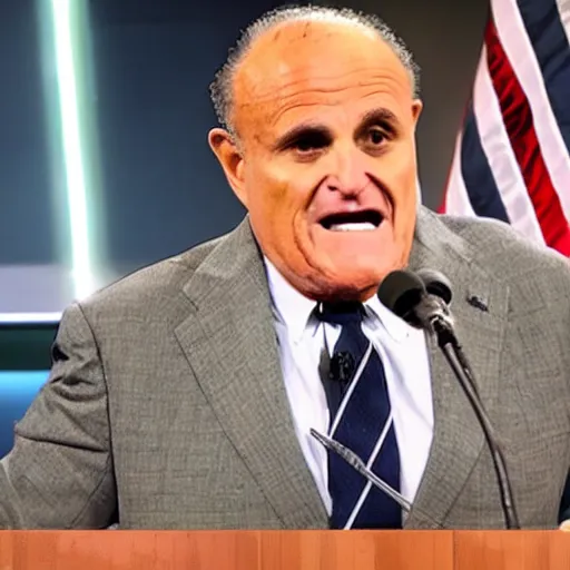 Image similar to news still of a drunk rudy giuliani holding a bottle, 4 k, professional