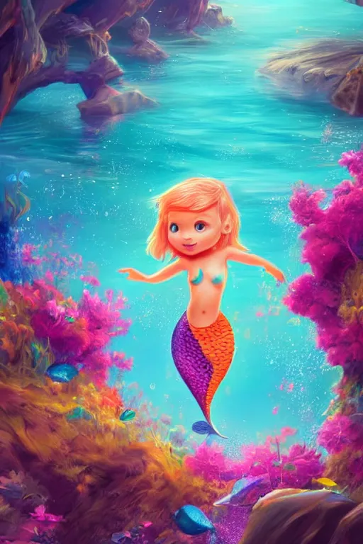 Prompt: cute cartoon childrens book illustrations of a mermaid, vivid colors, high details, cinematic, 8k resolution, beautiful detailed, photorealistic, digital painting, artstation, concept art, smooth, sharp focus, illustration, fantasy background, artstation trending, octane render, unreal engine