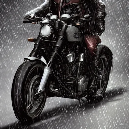 Image similar to werewolf in a leather jacket riding a motorcycle in the rain, character art, trending on artstation