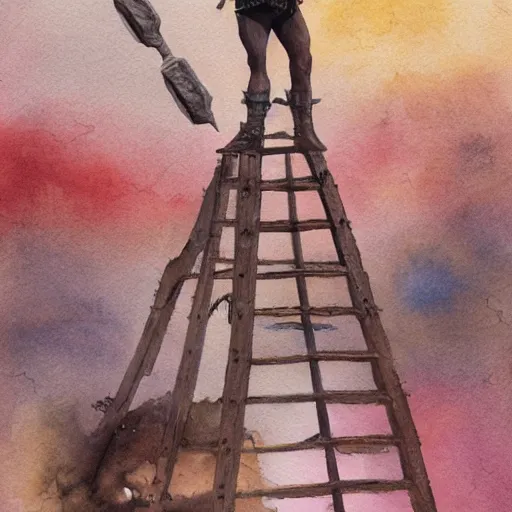 Image similar to randy savage with a ladder posing in desolate wasteland | fantasy watercolour painting | middle earth | conan | barbarian