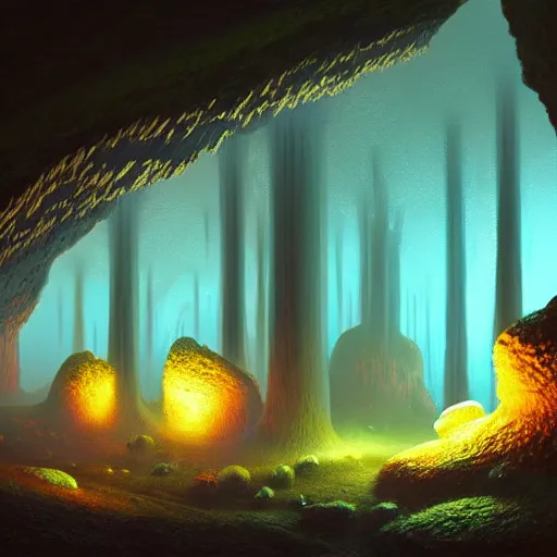 Image similar to fluorescent mushrooms dimly lighting a moist cave, highly detailed, digital painting, artstation, concept art, sharp focus, illustration, by Evgeny Lushpin
