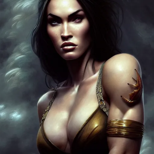 Image similar to portrait of megan fox, muscular upper body, fantasy, intricate, elegant, highly detailed, digital painting, artstation, concept art, matte, sharp focus, illustration, art by aenaluck and roberto ferri and greg rutkowski, epic fantasy, digital painting