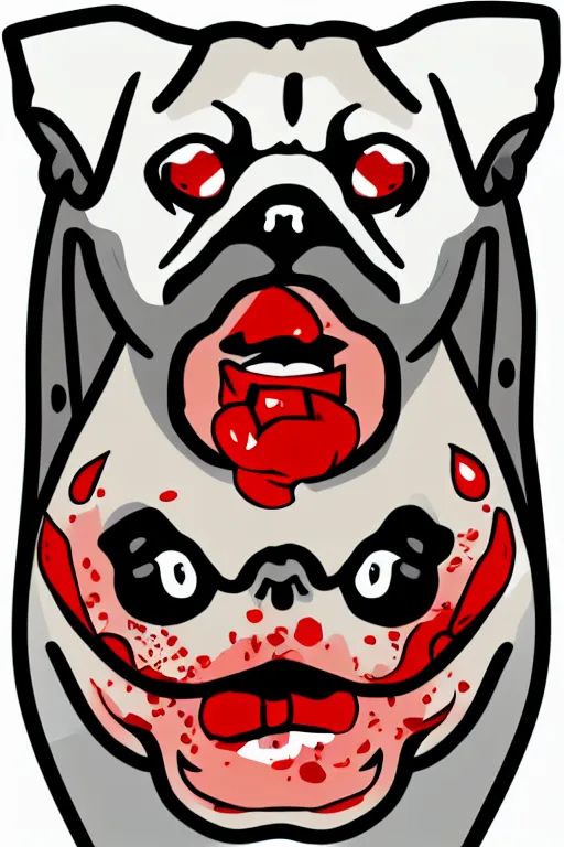 Prompt: Evil pug, the devil, sticker, blood thirsty, spawn of Satan, blood, evil, colorful, illustration, highly detailed, simple, smooth and clean vector curves, no jagged lines, vector art, smooth