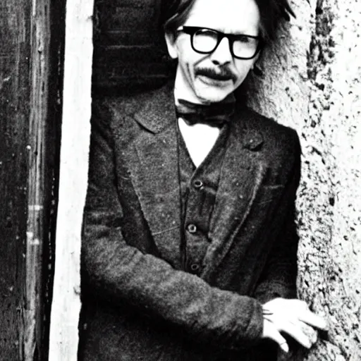 Image similar to an old worn photo of gary oldman emerging from his stone tomb