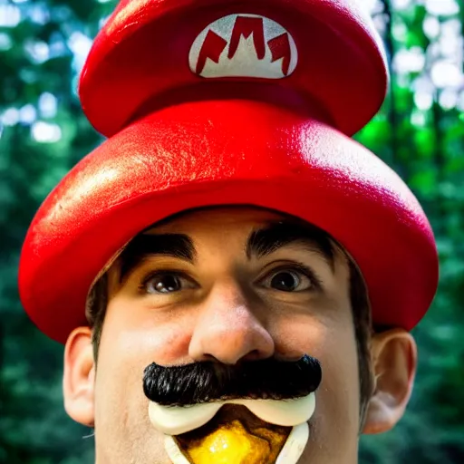 Prompt: photo of real life mario finding a giant amanita muscaria, exhilarated, portrait, closeup. mouth open, 3 0 mm, bokeh
