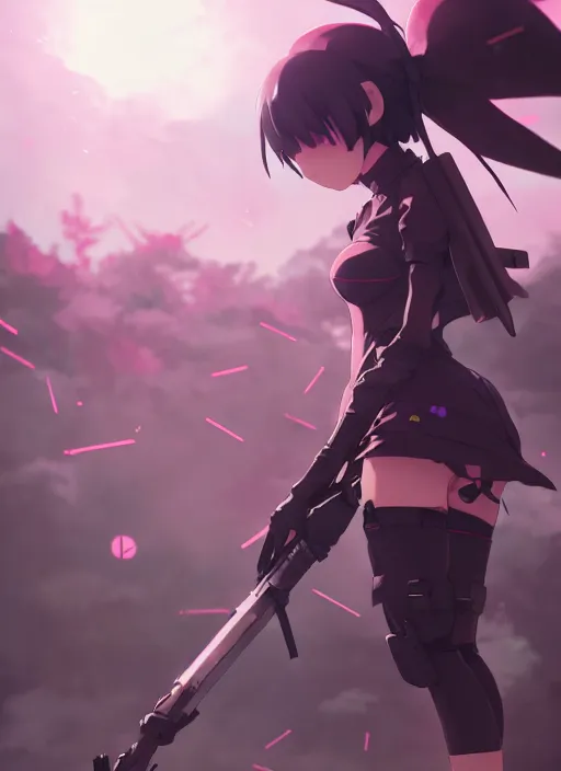 Image similar to homura akemi character, battlefield landscape, illustration concept art anime key visual trending pixiv fanbox by wlop and greg rutkowski and makoto shinkai and studio ghibli and kyoto animation, soldier clothing, cyborg parts, call of duty exoskeleton, grimdark, volumetric lighting, tank turret